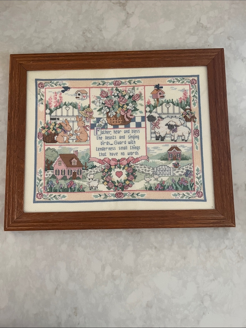 Vintage Framed Needlework cross stitch 1980’s  Art Piece. Bless the animals.